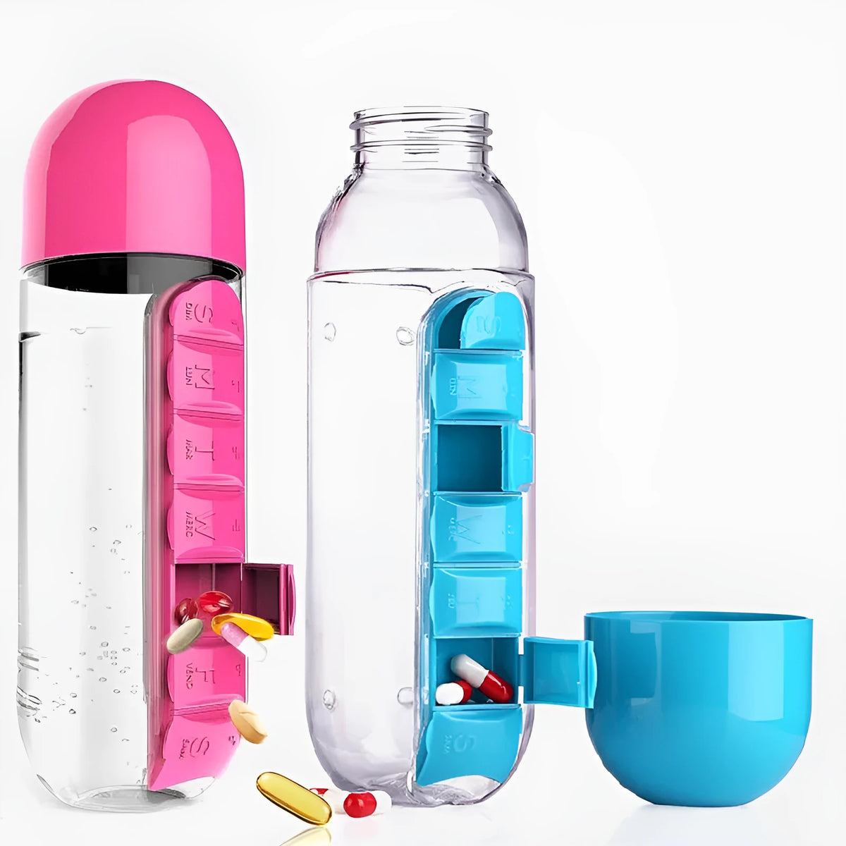 Water bottle with seven pill compartments attached, showing 600ml capacity and BPA-free construction
