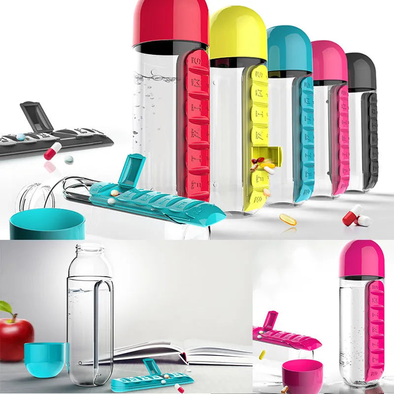 Water bottle with seven pill compartments attached, showing 600ml capacity and BPA-free construction