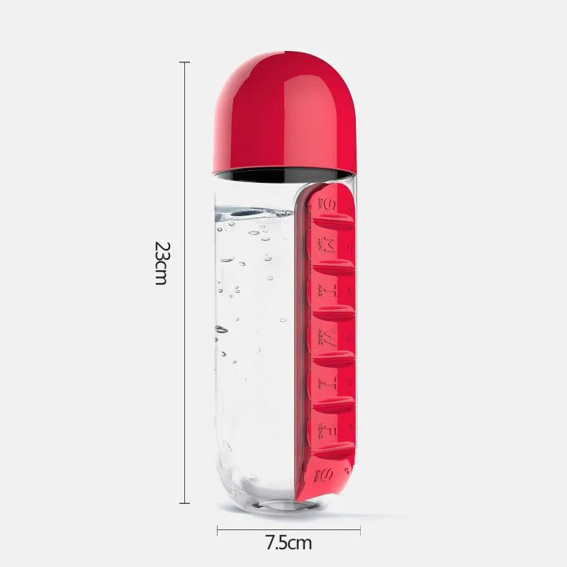 Water bottle with seven pill compartments attached, showing 600ml capacity and BPA-free construction
