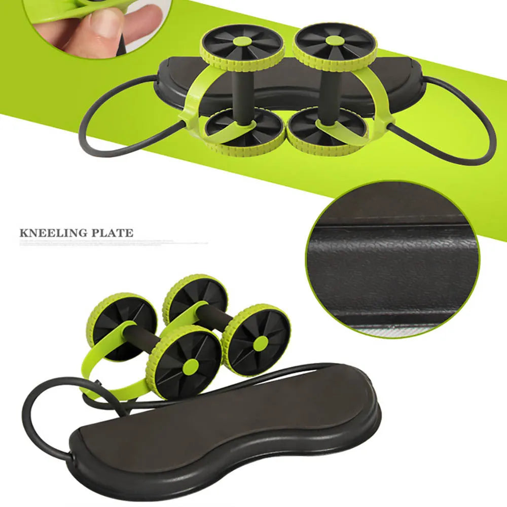 Black gym ab wheel with row exercise function and EVA cushioned handles