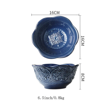 Baroque style porcelain bowl with relief pattern and petal-shaped edges, 15cm diameter