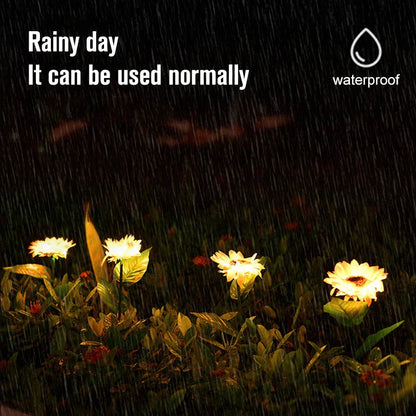 Elegant solar-powered sunflower lamps illuminating a serene outdoor garden pathway