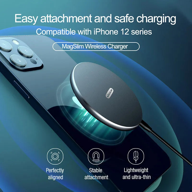 MagSlim Magnetic Wireless Charger for iPhone 12/13/14/15, 10W Fast Charging with Aluminium Alloy Housing and Intelligent Temperature Control for Safer Phone Charging