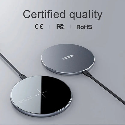 Black MagSlim magnetic wireless charger for iPhone on a flat surface