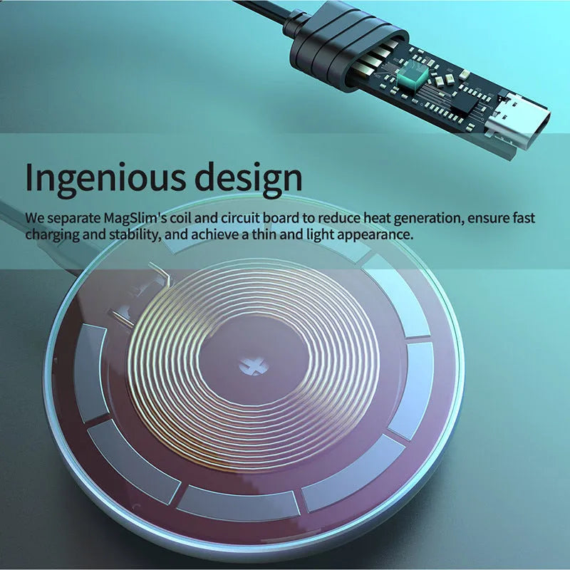 Black MagSlim magnetic wireless charger for iPhone on a flat surface