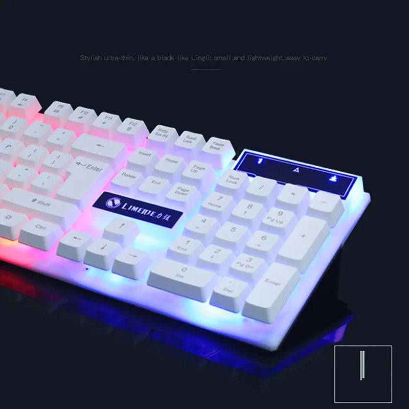 GTX300 black and white wired gaming keyboard and mouse set with backlit keys on desk
