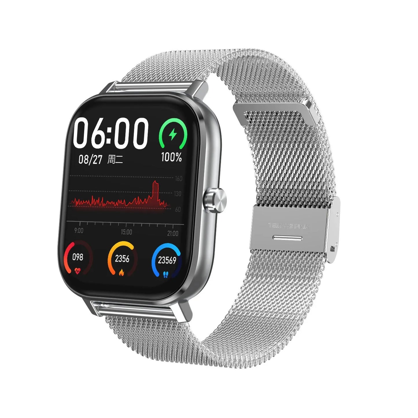 Smart bracelet with ECG, blood pressure, and blood oxygen monitoring on wrist, showing 1.54-inch touchscreen display