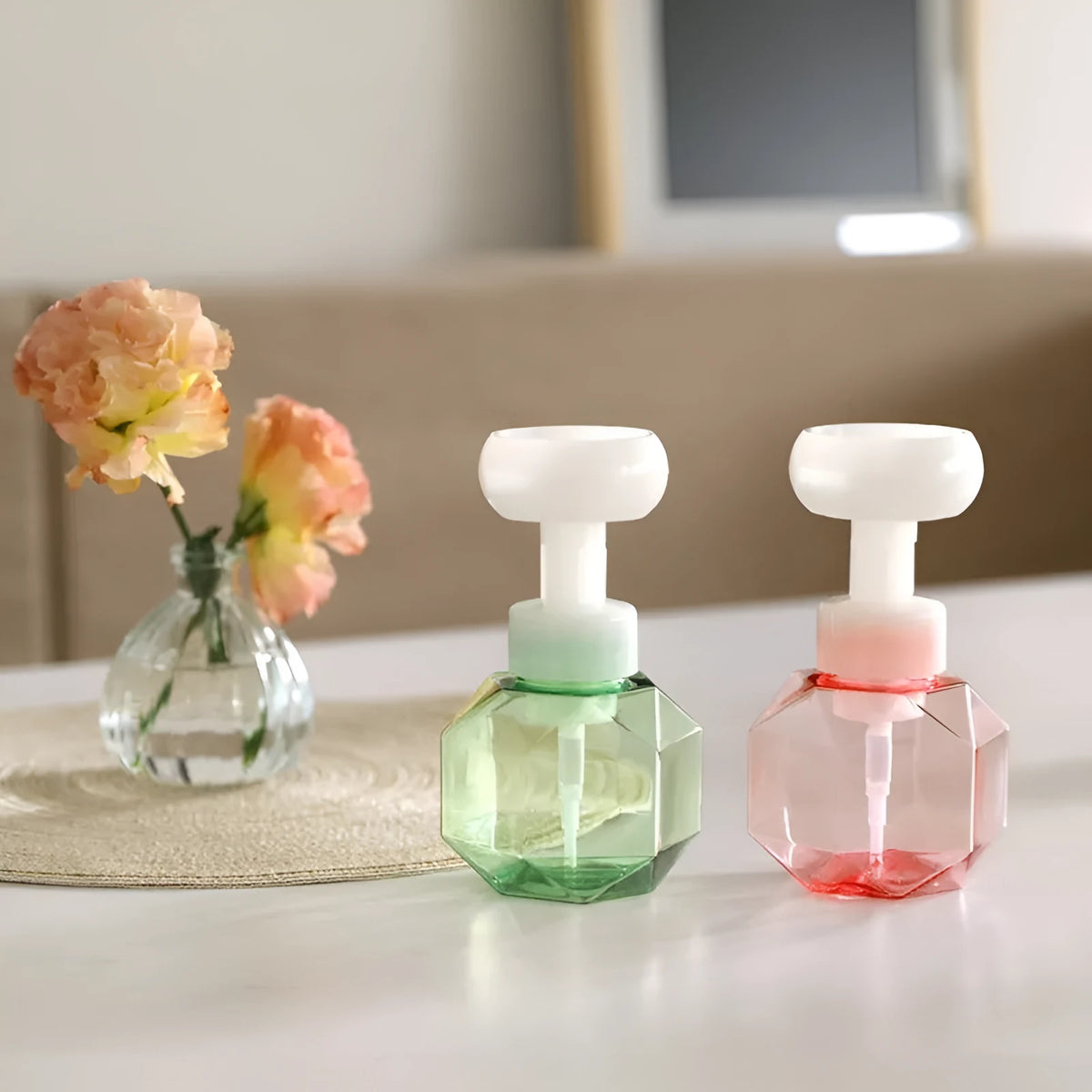 Flower foam bottle with non-woven fabric covering in pink, green, blue, and yellow colour options