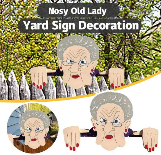 Charming garden fence decorations featuring quirky depictions of curious older adults