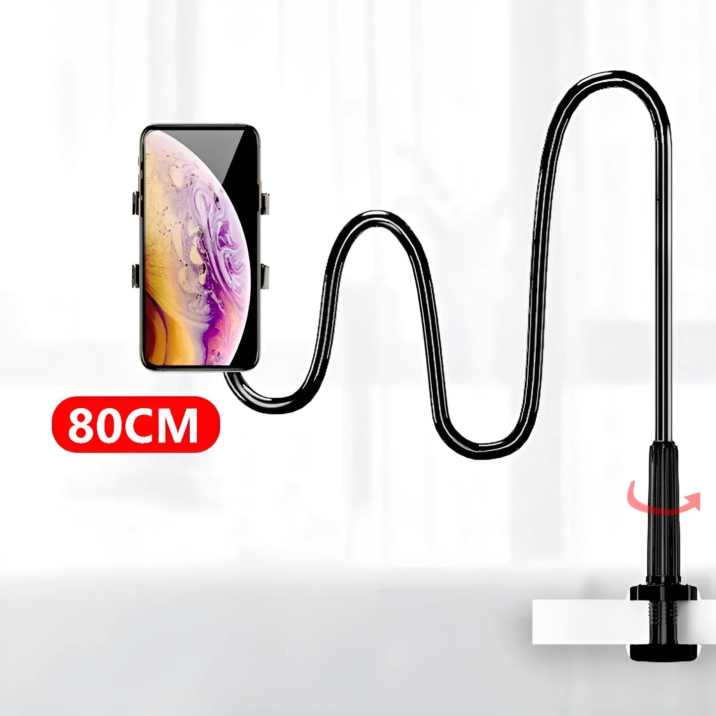 Flexible memory alloy mobile phone holder in blue colour positioned beside a bed