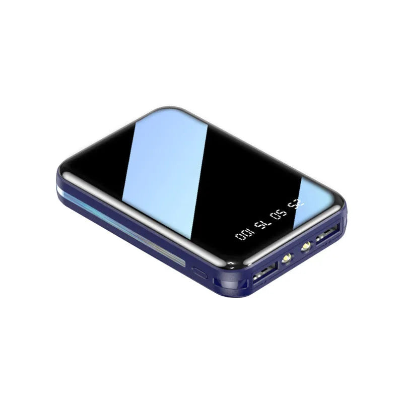 White digital display power bank showing battery percentage, with two USB ports on a black background.