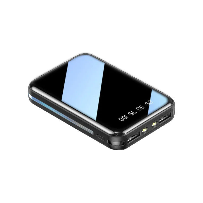 White digital display power bank showing battery percentage, with two USB ports on a black background.