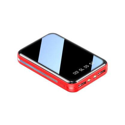 White digital display power bank showing battery percentage, with two USB ports on a black background.