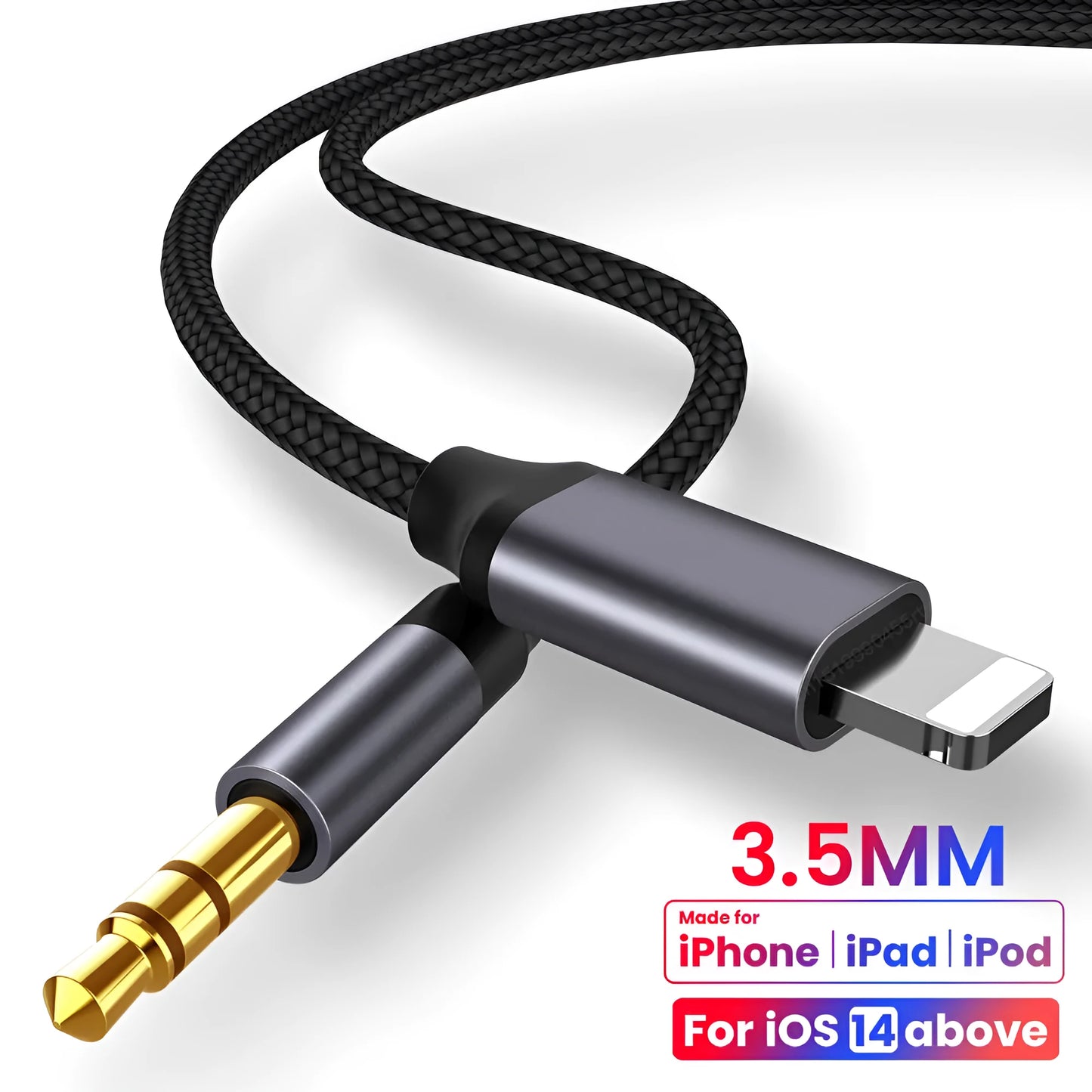 Silver nylon-braided 3.5mm male-to-male aux cable for car stereo connection.
