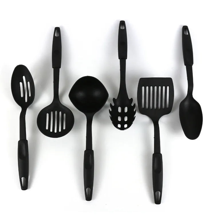Black rubber kitchen utensil set with spatula spoon for non-stick cookware protection