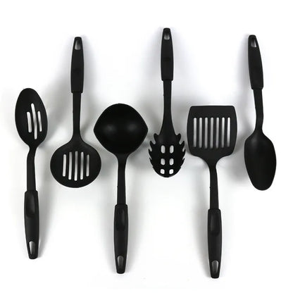 Black rubber kitchen utensil set with spatula spoon for non-stick cookware protection