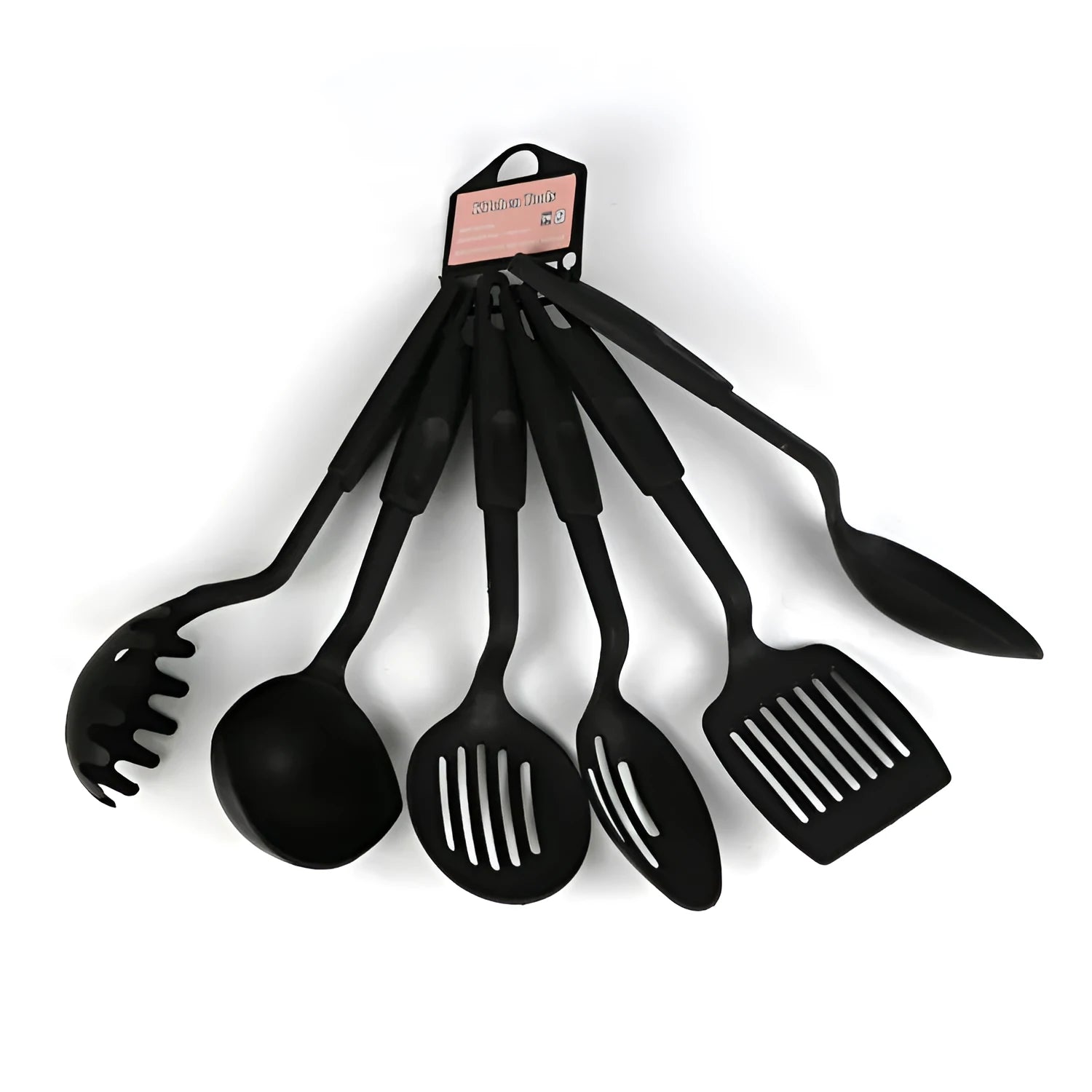Black rubber kitchen utensil set with spatula spoon for non-stick cookware protection
