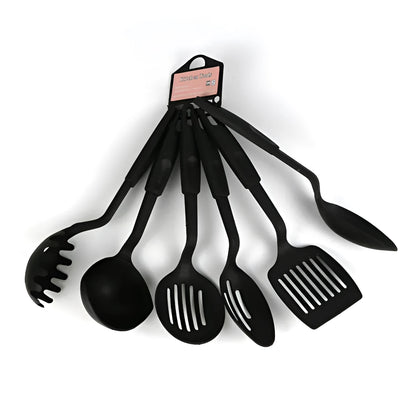 Black rubber kitchen utensil set with spatula spoon for non-stick cookware protection