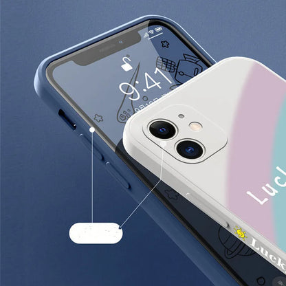Rainbow smiley silicone phone case for iPhone in blue, showing all-inclusive design and back cover detail.