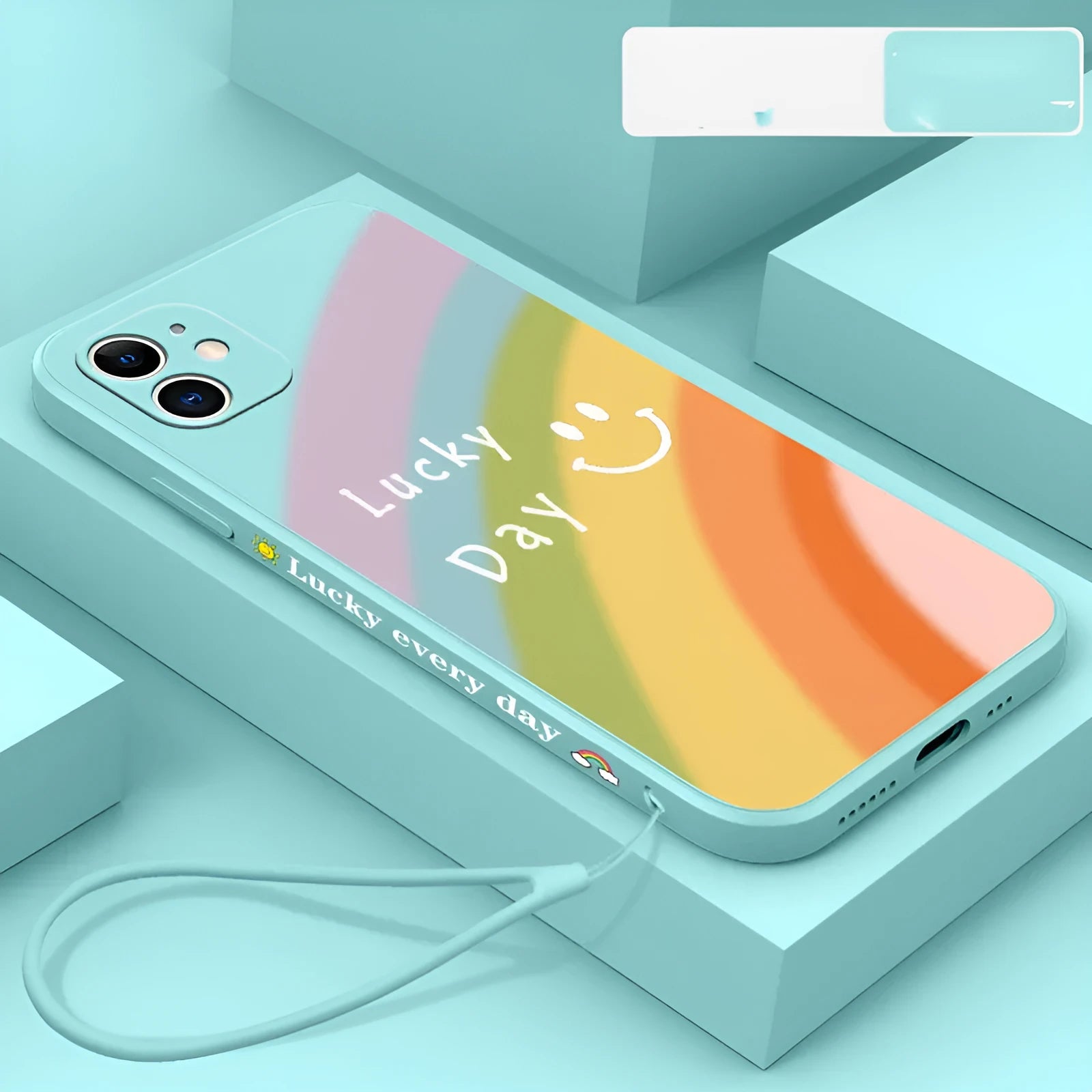 Rainbow smiley silicone phone case for iPhone in blue, showing all-inclusive design and back cover detail.