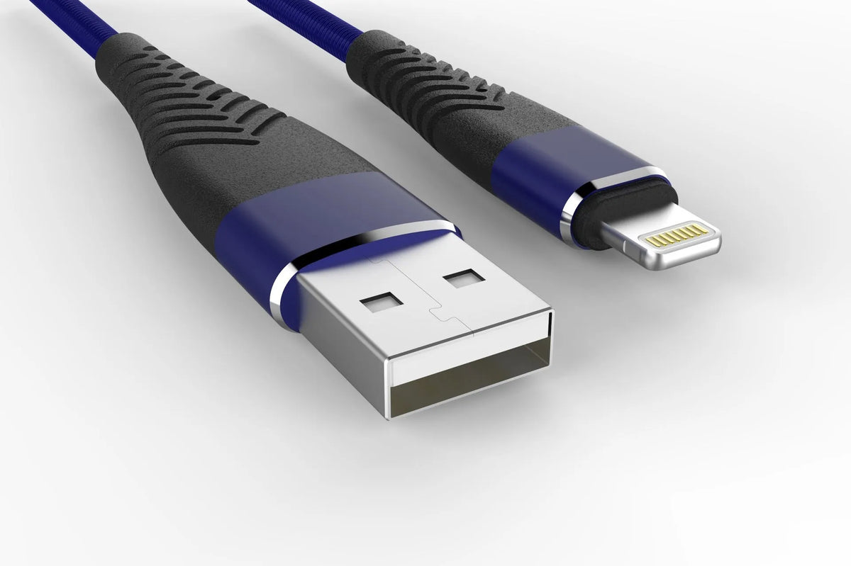 Braided data charging cable, 1.2m, single head, shown in black, blue, or red for general charging use