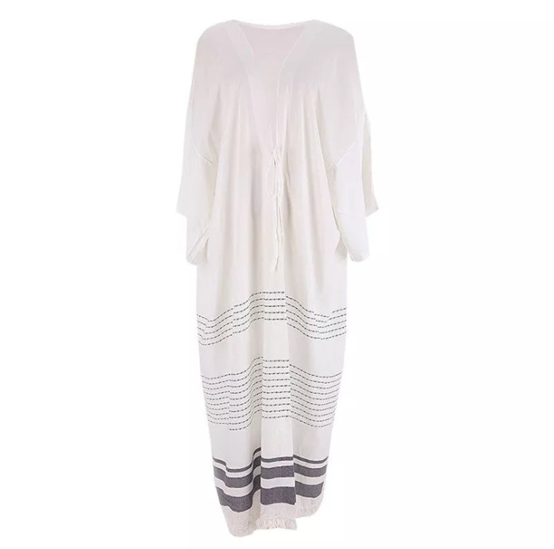 White crochet knitted beach pareo dress with long tunic design and tassels