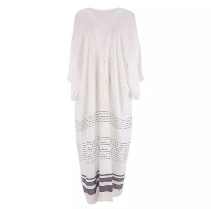White crochet knitted beach pareo dress with long tunic design and tassels