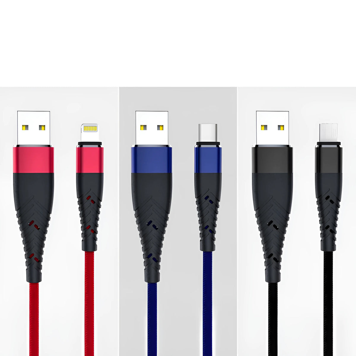 Braided data charging cable, 1.2m, single head, shown in black, blue, or red for general charging use