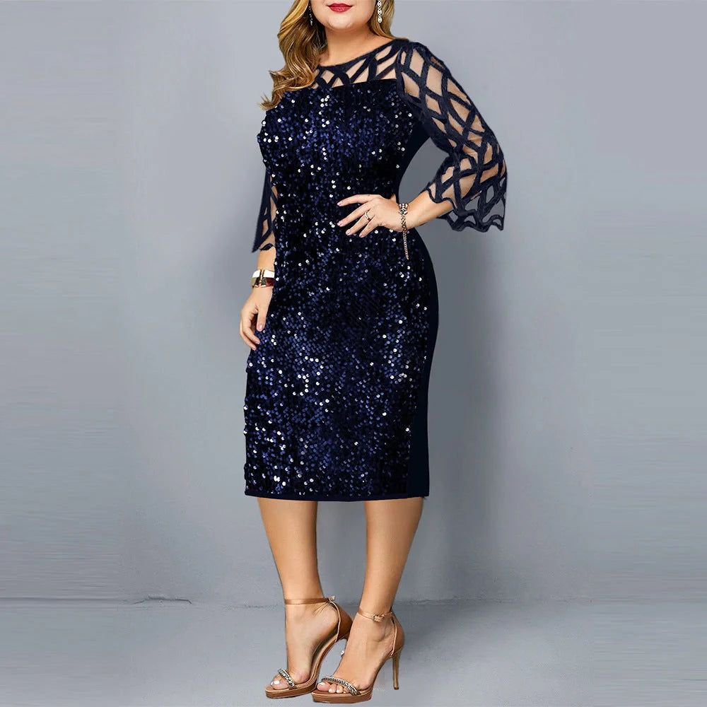 Glamorous sequin plus size party dress for women in black, wine red, and navy blue