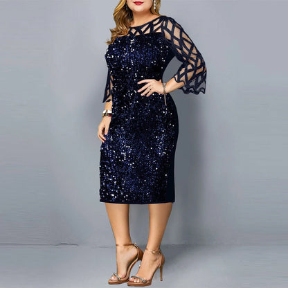 Glamorous sequin plus size party dress for women in black, wine red, and navy blue