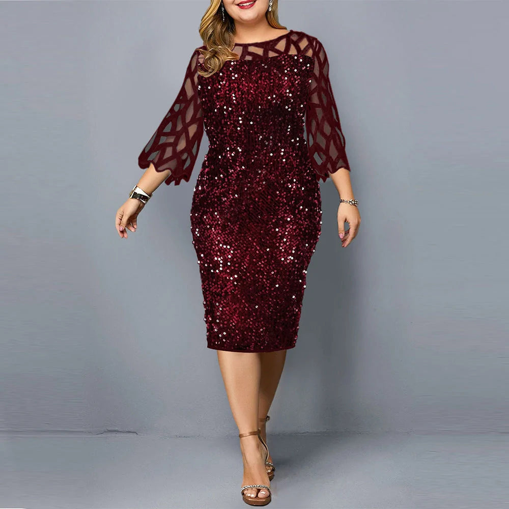 Glamorous sequin plus size party dress for women in black, wine red, and navy blue