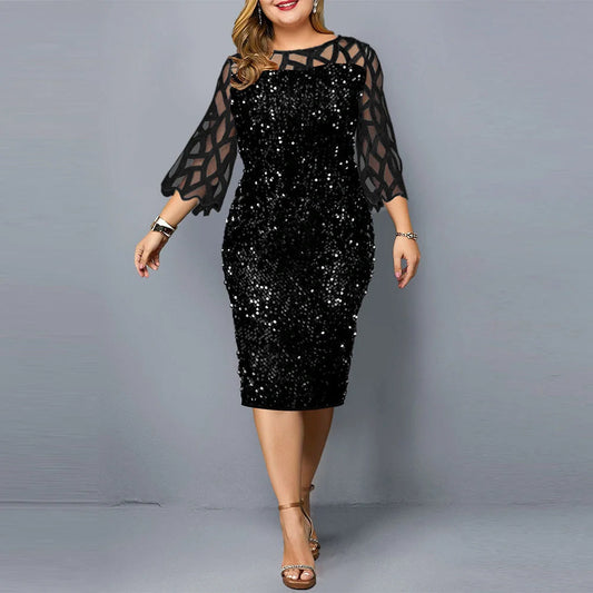 Glamorous sequin plus size party dress for women in black, wine red, and navy blue
