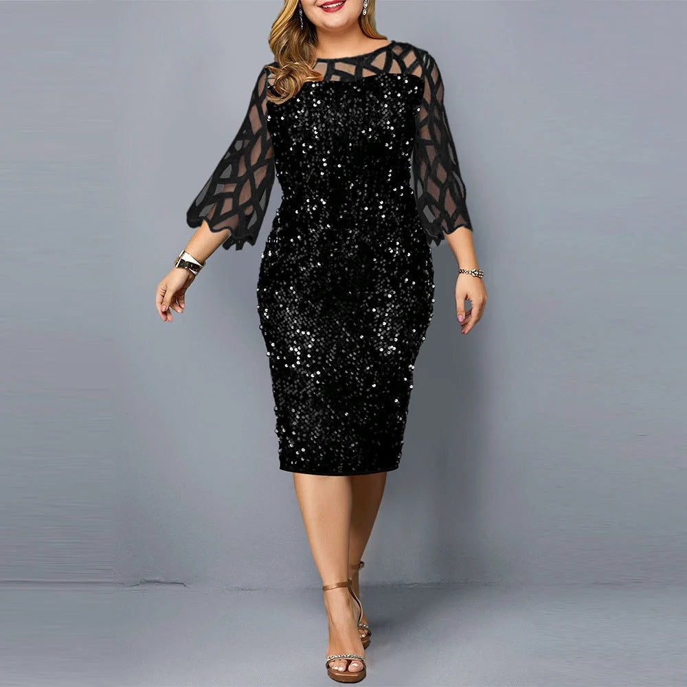Glamorous sequin plus size party dress for women in black, wine red, and navy blue