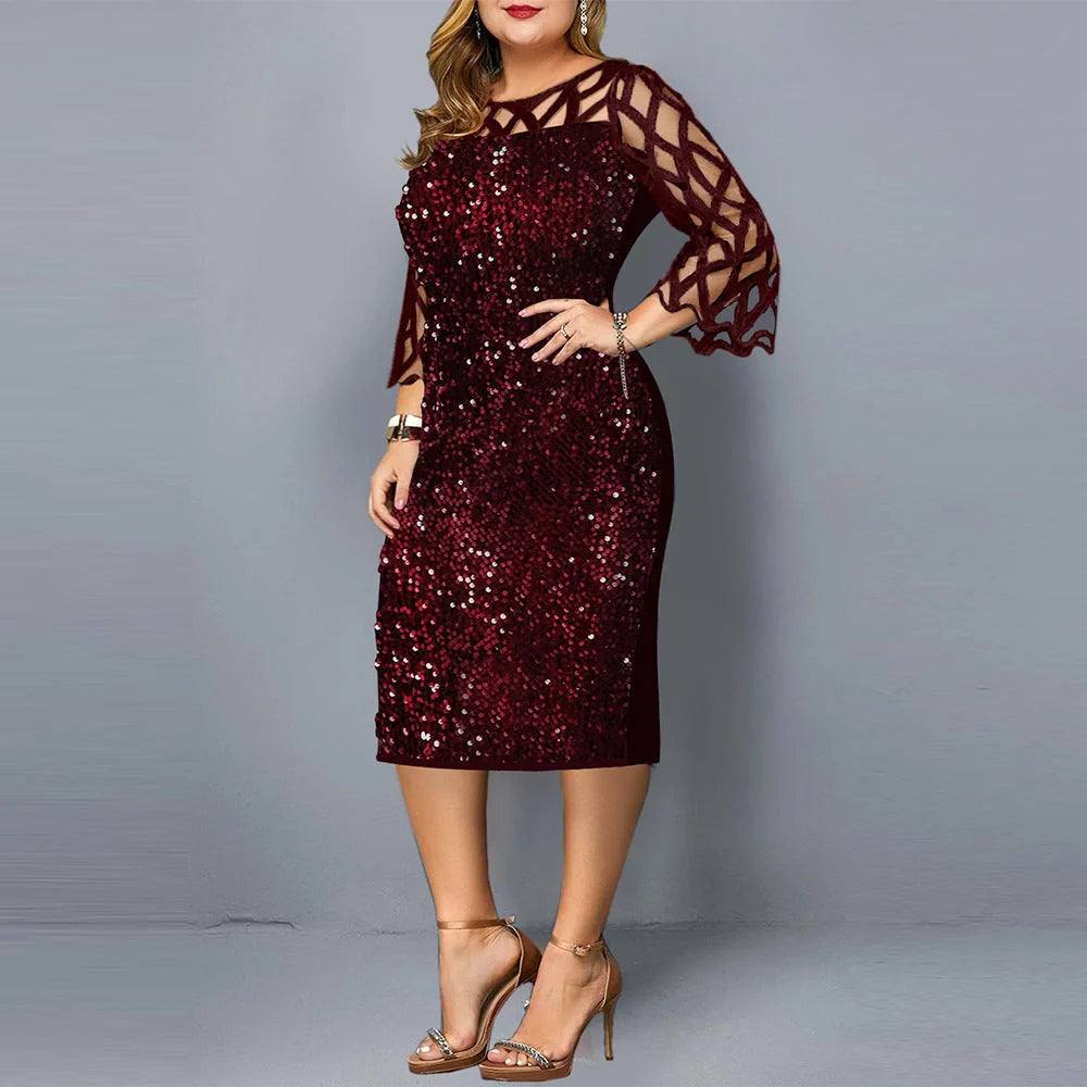 Glamorous sequin plus size party dress for women in black, wine red, and navy blue