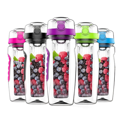 Black fruit infuser shaker bottle with removable transparent fruit holder, 900ml capacity.