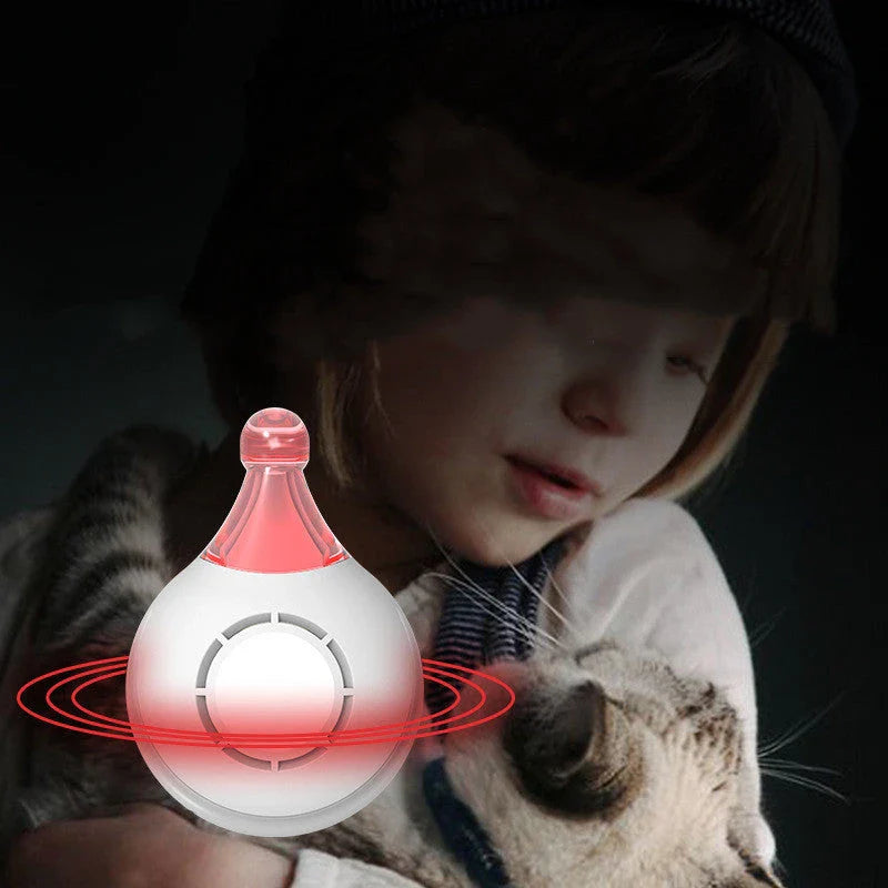 Ultrasonic pest repellent device with bright, multicolored safety lights for use around the home and with pets