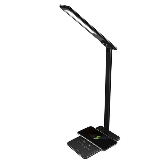 Black wireless charging LED desk lamp with touch control, 40cm height, aluminium shade for bedside or office use