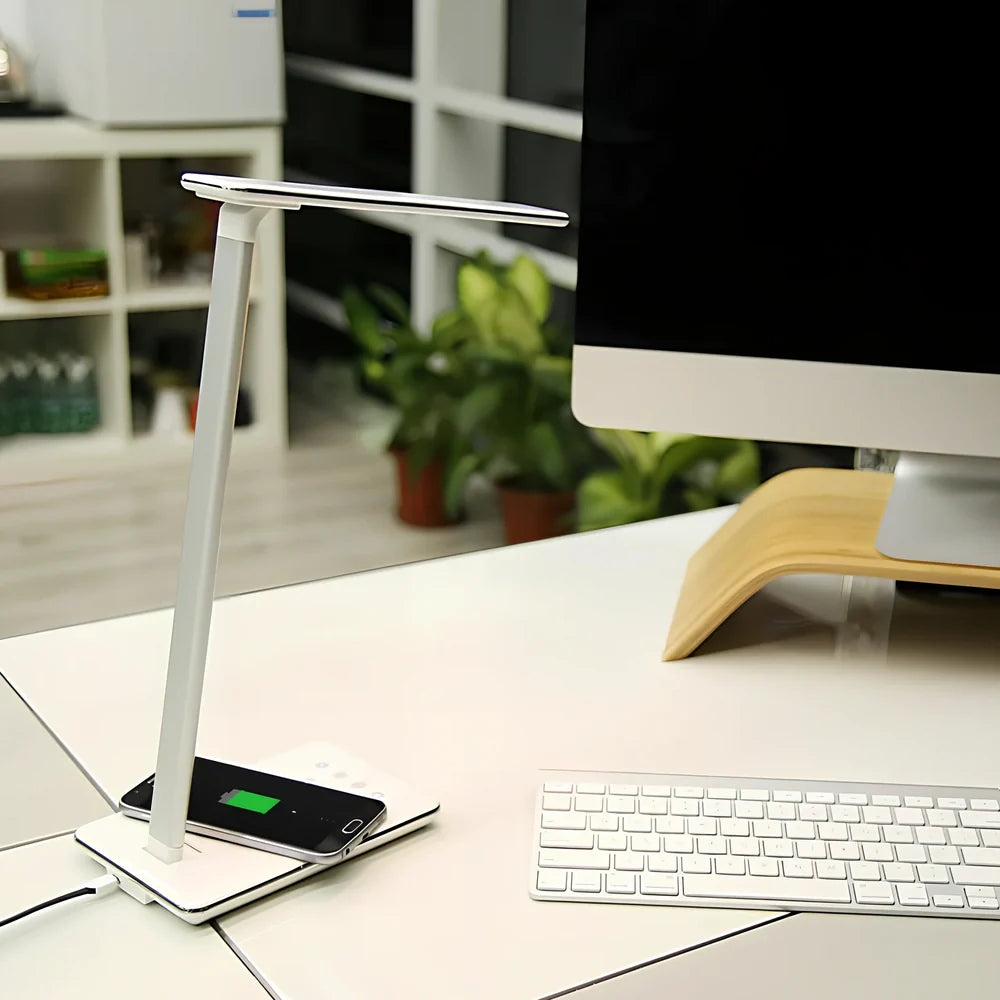 Black wireless charging LED desk lamp with touch control, 40cm height, aluminium shade for bedside or office use