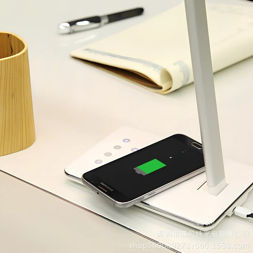 Black wireless charging LED desk lamp with touch control, 40cm height, aluminium shade for bedside or office use