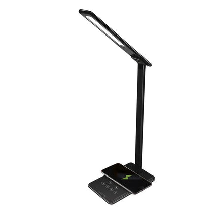 Black and white wireless charging LED desk lamp with USB cable and touch control.