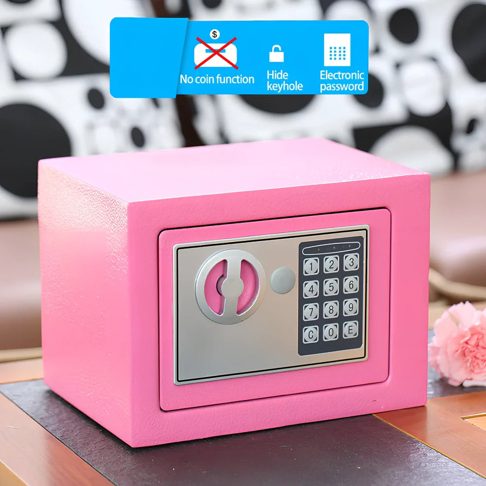 White mini office safe 230x170x170mm with password lock and 1/2mm panels on desk