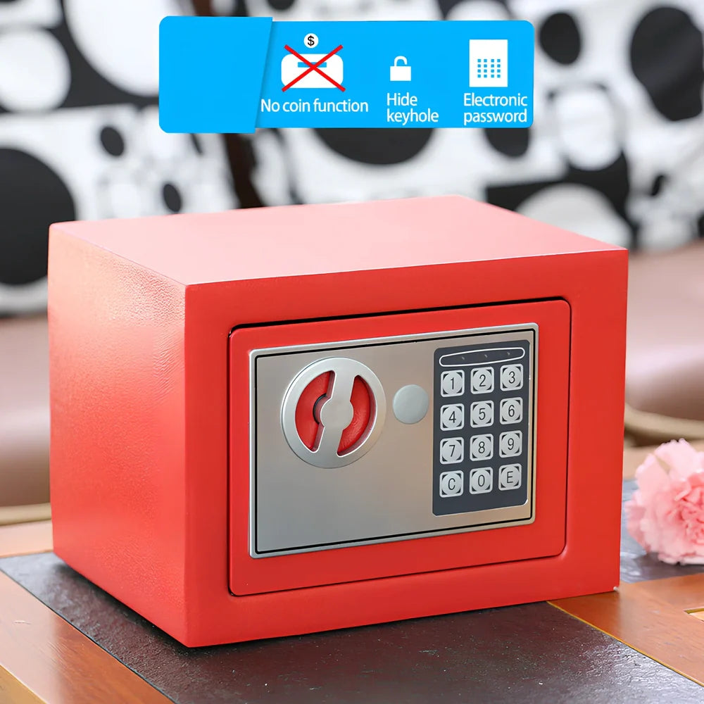 White mini office safe 230x170x170mm with password lock and 1/2mm panels on desk