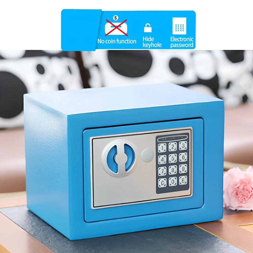 White mini office safe 230x170x170mm with password lock and 1/2mm panels on desk
