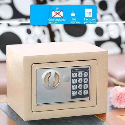 White mini office safe 230x170x170mm with password lock and 1/2mm panels on desk