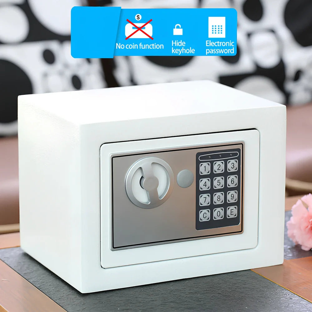 White mini office safe 230x170x170mm with password lock and 1/2mm panels on desk