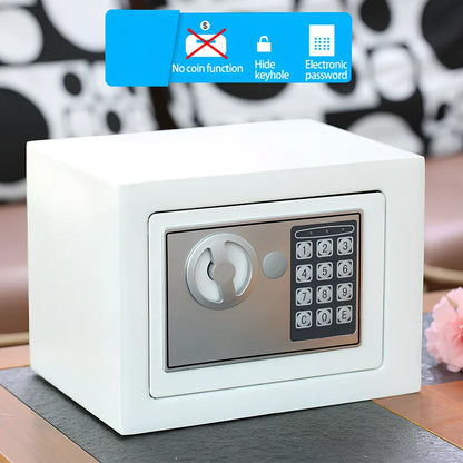 White mini office safe 230x170x170mm with password lock and 1/2mm panels on desk
