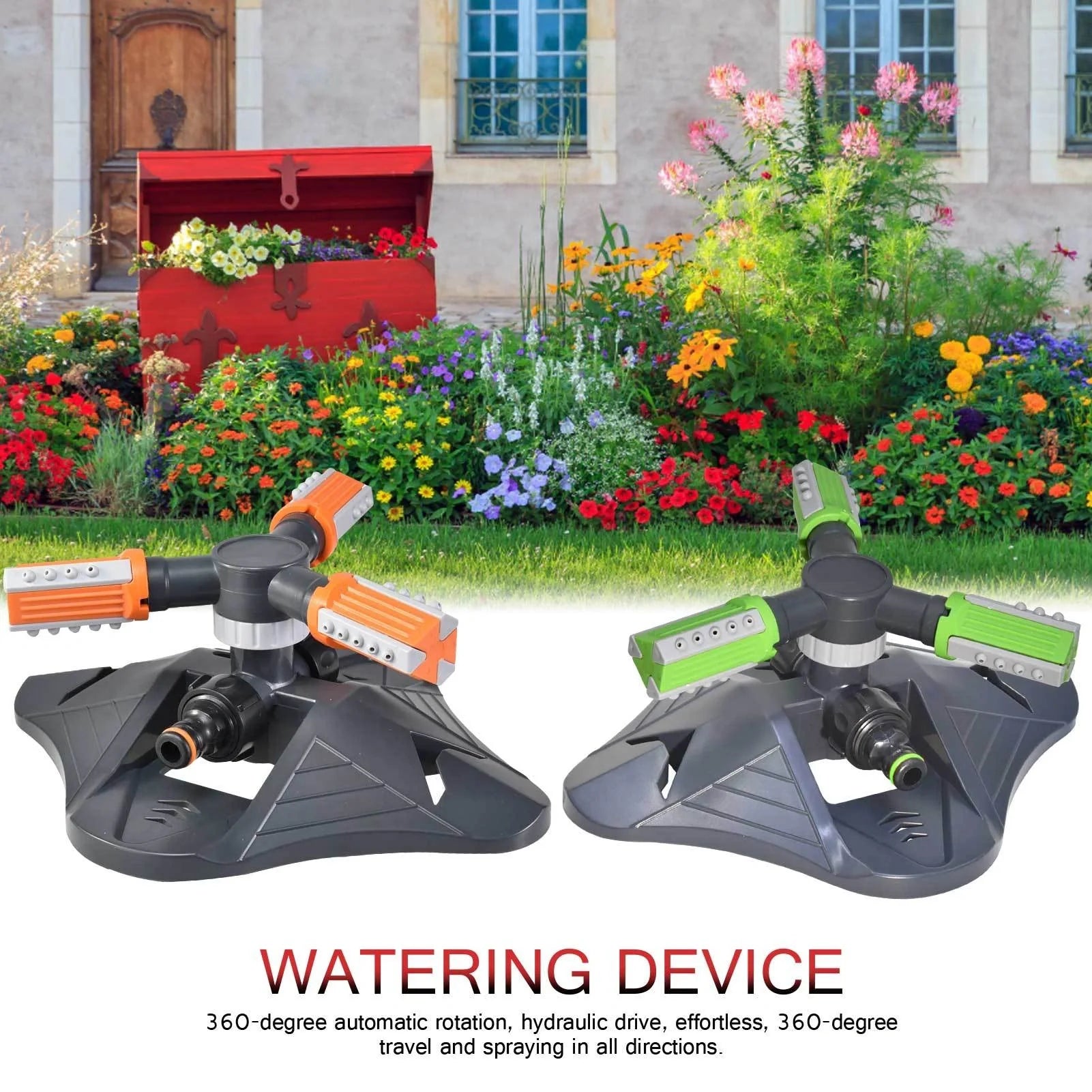 Adjustable 360-degree 3-arm rotating sprinkler in green and orange for efficient lawn irrigation