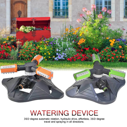 Adjustable 360-degree 3-arm rotating sprinkler in green and orange for efficient lawn irrigation