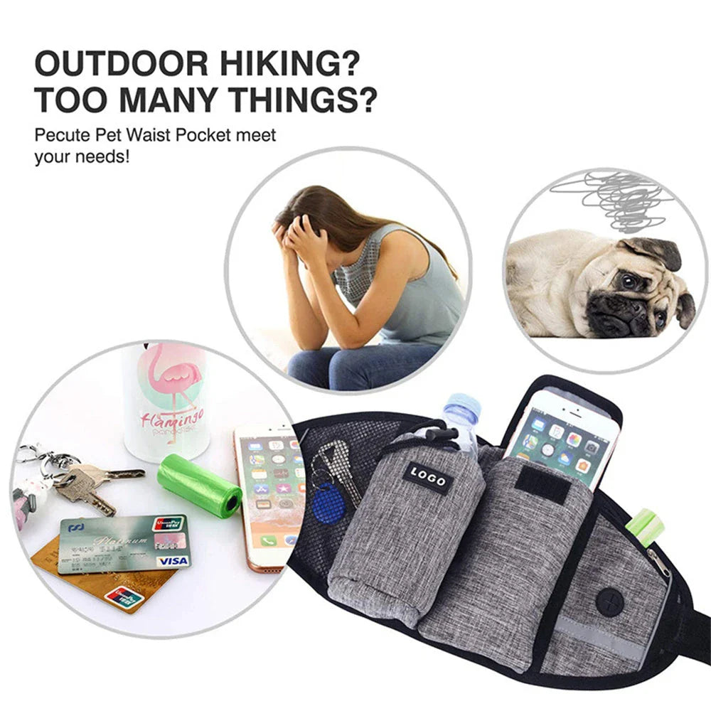 Hands-Free Dog Walking Waist Bag with Adjustable Belt, Drawstring Closure, and Mesh Pockets for Outdoor Adventures