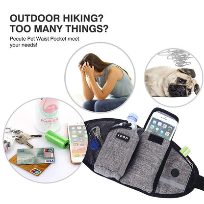 Hands-Free Dog Walking Waist Bag with Adjustable Belt, Drawstring Closure, and Mesh Pockets for Outdoor Adventures